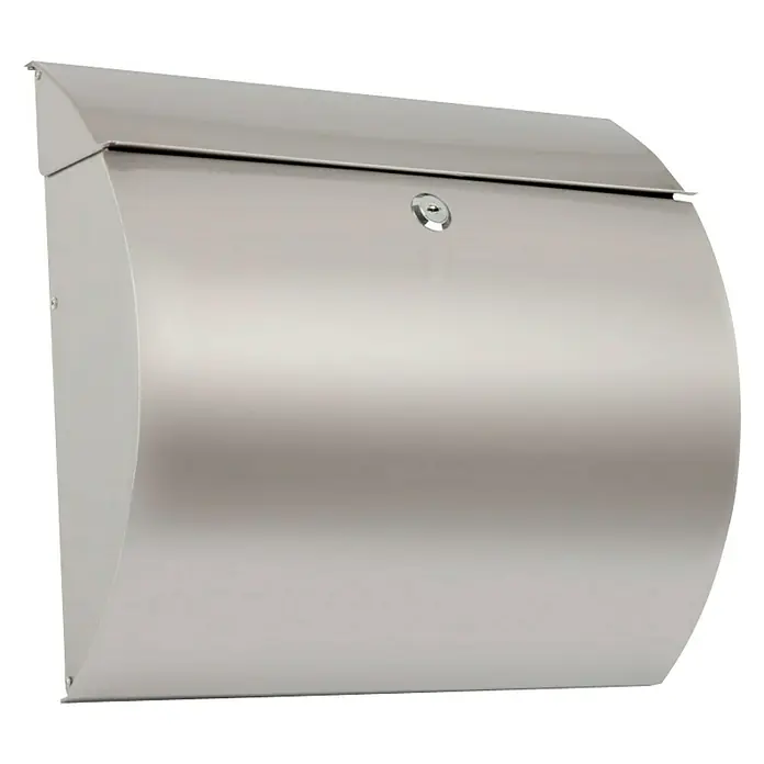 Arregui Buzón de pared Aura - L x An x Al: 37,5 x 10,5 x 33 cm, Plateado, Acero inoxidable - Imagen de un buzón moderno plateado con una cerradura. Ideal para recibir tu correo con estilo.