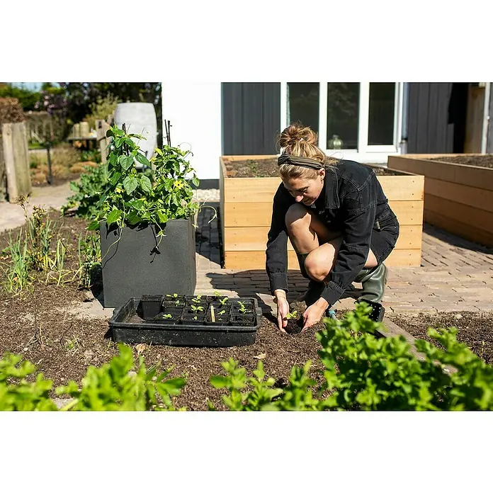 Capi Europe Urban Pflanztopf Smooth - Außenmaß (L x B x H): 40 x 40 x 40 cm, Kunststoff, Schwarz - Eine Frau pflanzt Setzlinge in einem Garten mit Hochbeeten, umgeben von üppigem Grün.
