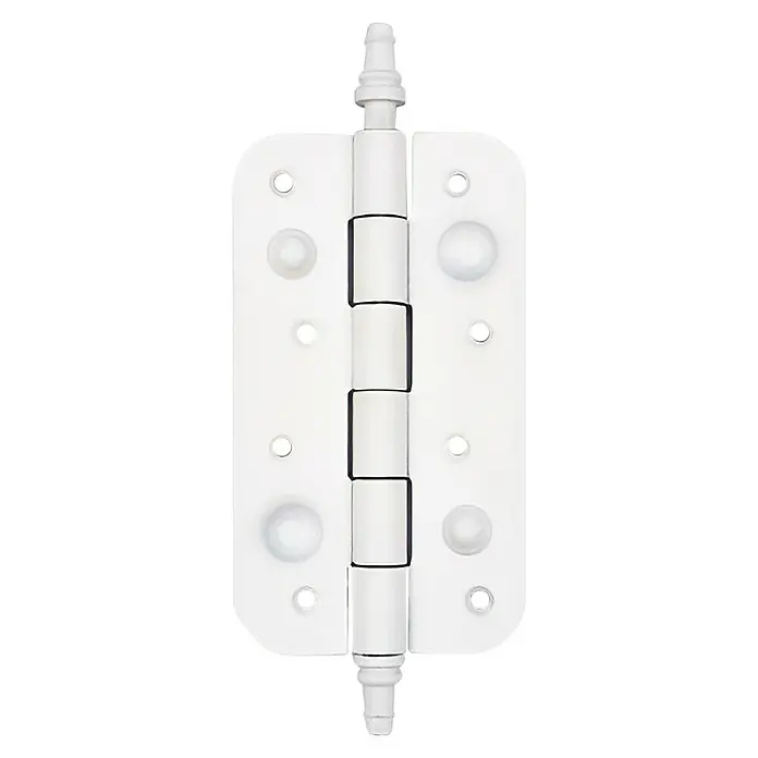 GDK Bisagra Antipalanca RR - L x An: 160 x 80 mm, Blanco - Una bisagra de puerta blanca con esquinas redondeadas y un pasador que sobresale para un funcionamiento suave.