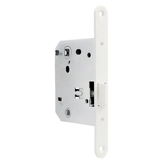 GDK Picaporte P70BLBK - An x Al: 32 x 165 mm, Blanco - Vista detallada de una cerradura de puerta blanca. La cerradura cuenta con una placa frontal larga y múltiples puntos de fijación.