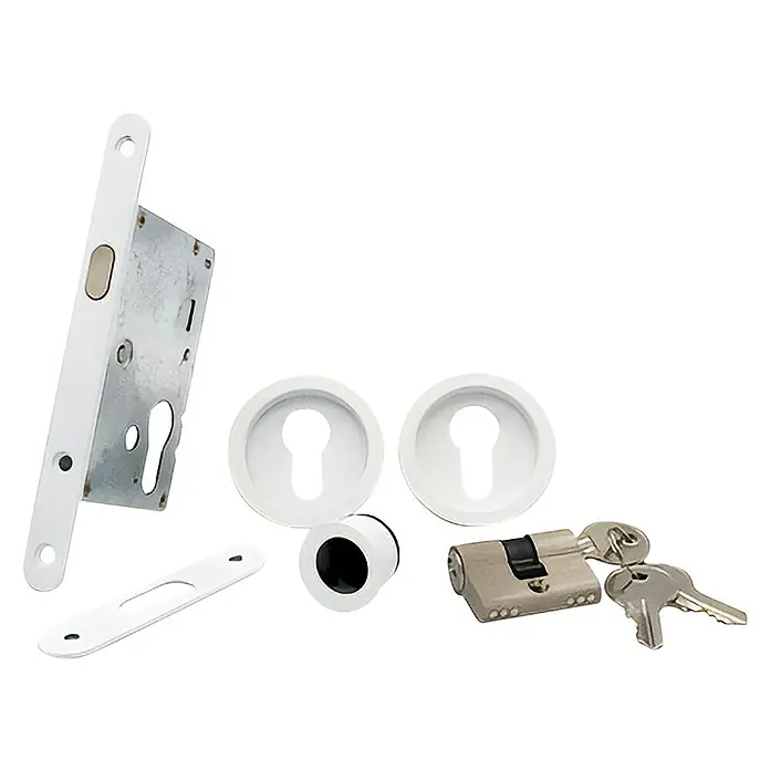 GDK Juego de cerradura de puerta corredera con bombín - An x Al: 16 x 160 mm, Blanco, Redonda - Imagen de un juego de cerraduras para puertas.