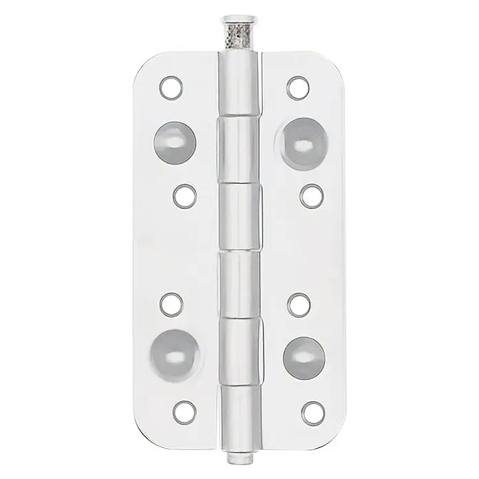 GDK Bisagra Antipalanca RP - L x An: 160 x 80 mm, Blanco - Una bisagra de puerta plateada brillante, con esquinas redondeadas y orificios para tornillos visibles, que combina estabilidad y estilo.