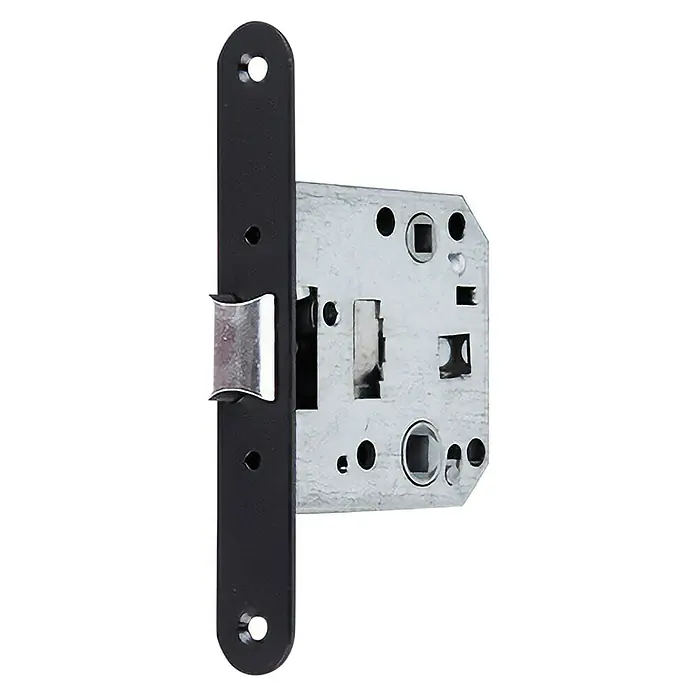 GDK Picaporte P47NEBK - An x Al: 20 x 135 mm, Negro - Primer plano de una cerradura de embutir con placa frontal negra y caja de cerradura plateada.