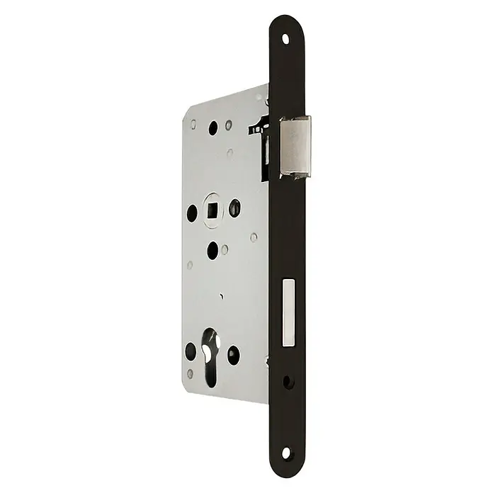 GDK Cerradura de embutir P75SCET - An x Al: 23 x 235 mm, Negro - Primer plano de una cerradura de embutir con placa plateada y cerrojo negro, una cerradura de puerta robusta para mayor seguridad.
