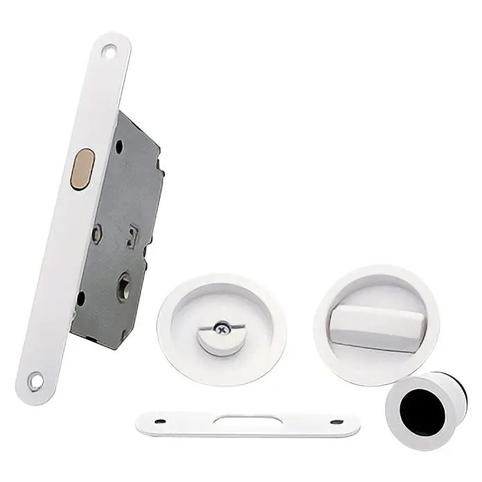 GDK Juego de cerradura de puerta corredera con condena - An x Al: 16 x 160 mm, Blanco, Redonda - Juego de cerradura empotrable para puerta corredera blanca, perfecto para interiores modernos. Kit completo para una fácil instalación.