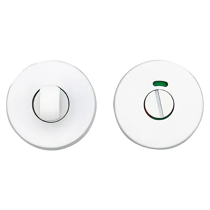 GDK Condena C INOX-50 - Diámetro: 50 mm, Blanco, Apto para: Puertas de madera - Se muestran dos cerraduras de puerta de baño en cromo brillante, una con un pomo giratorio y la otra con un indicador de ocupación.