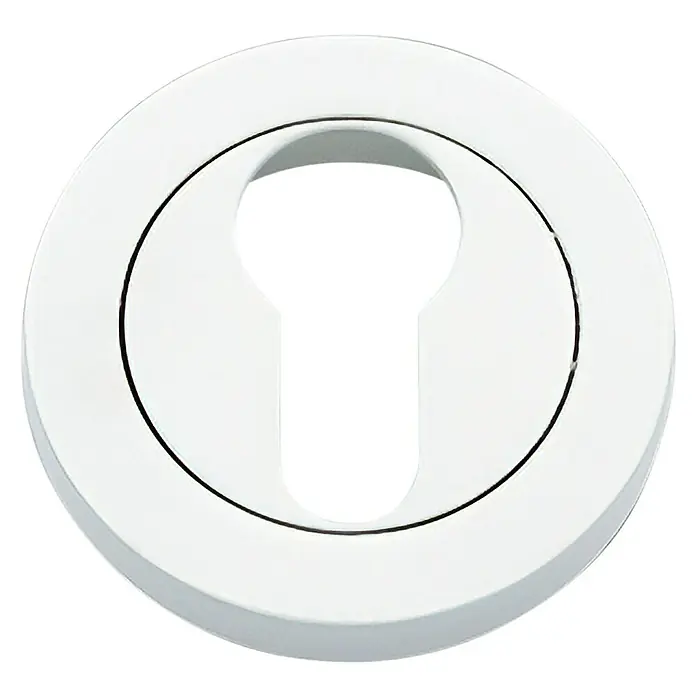 GDK Escudo para cerraduras B A02 - L x An: 50 x 50 mm, Blanco - Primer plano de una cerradura de puerta blanca. La forma redonda y el agujero de la llave son claramente visibles.