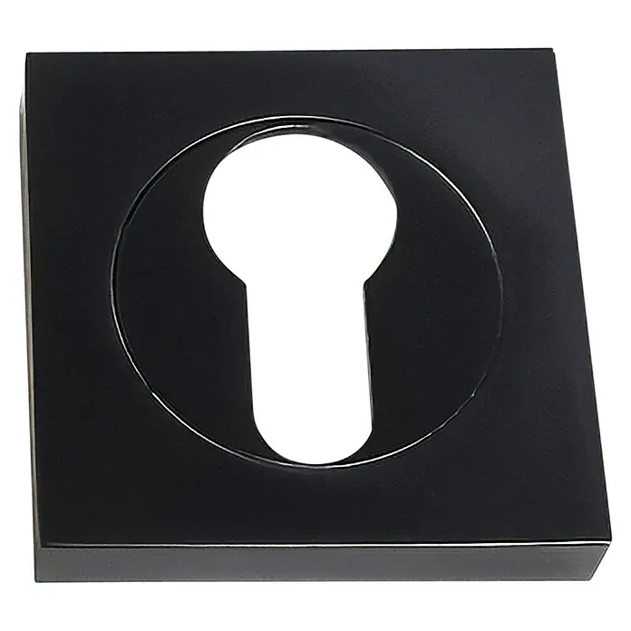 GDK Escudo para cerraduras B A05 - L x An: 50 x 50 mm, Negro - Primer plano de una bocallave cuadrada negra con un agujero de llave circular en el centro, perfecta para puertas modernas.