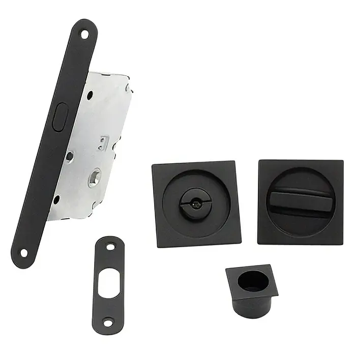 GDK Juego de cerradura de puerta corredera con condena - An x Al: 16 x 160 mm, Negro, Cuadrado - Juego de cerradura para puerta corredera en negro mate, incluye caja de cerradura, tirador empotrado y accesorios para puertas interiores modernas.