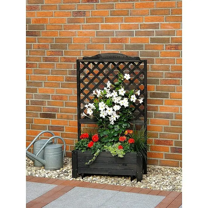 Promadino Pflanzkasten Romantica - Außenmaß (L x B x H): 80 x 38 x 140 cm, Holz, Anthrazit - Nahaufnahme eines schwarzen Pflanzkastens mit Spalier und bunten Blumen vor einer Backsteinmauer.