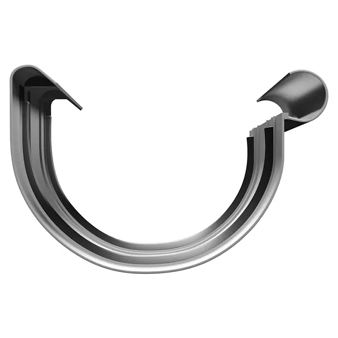 Marley Rinnenverbinder - Nennweite: 100 mm, Kunststoff, Grau - Nahaufnahme einer Dachrinne aus Metall, die das Design und die Materialien hervorhebt, ideal für Bau- und Renovierungsprojekte.