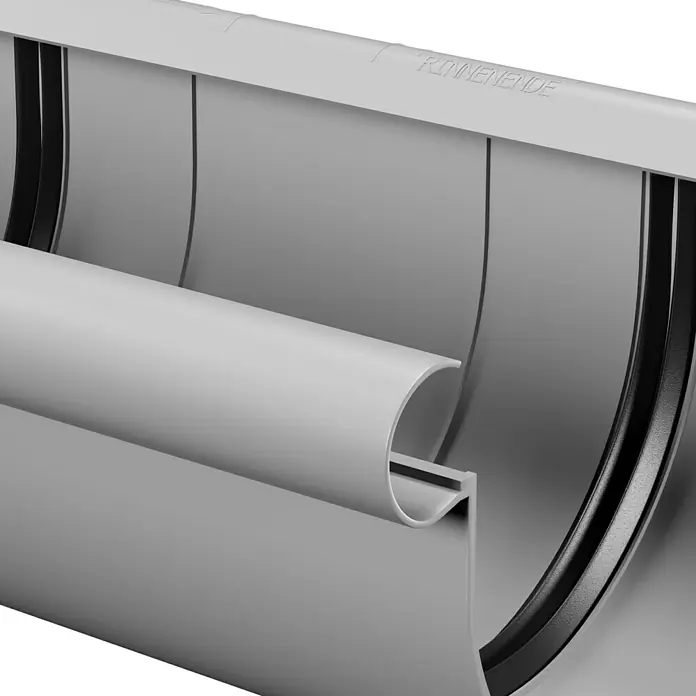 Marley Rinnenverbinder - Nennweite: 100 mm, Kunststoff, Grau - Nahaufnahme einer Dachrinne mit Endstück, das die Regenwasserableitung erleichtert und das Dach vor Schäden schützt.