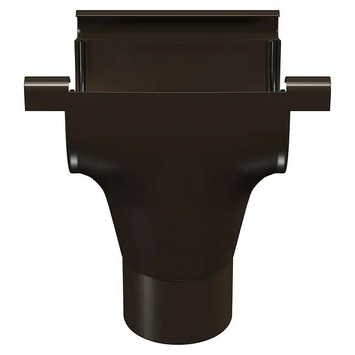 Marley Rinnenstutzen - 125/75 mm, Kunststoff, Braun - Nahaufnahme eines dunkelbraunen Regenrinnenkastens. Das Fallrohr ist ein wichtiges Element der Dachentwässerung.