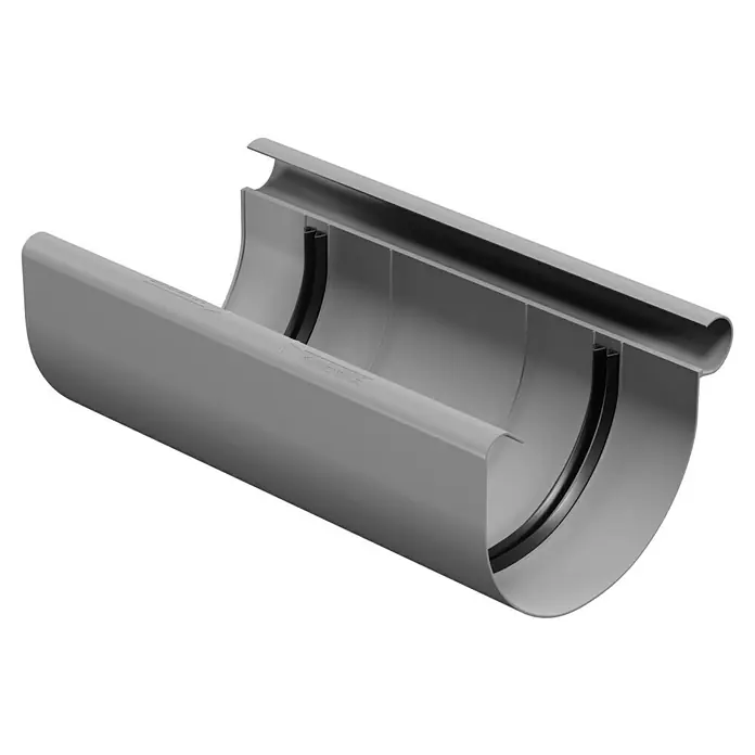 Marley Rinnenverbinder - Nennweite: 100 mm, Kunststoff, Grau - Eine detailreiche Aufnahme einer grauen Dachrinne, die ihre Form und Konstruktion hervorhebt. Ideal für Bau- und Renovierungsprojekte.