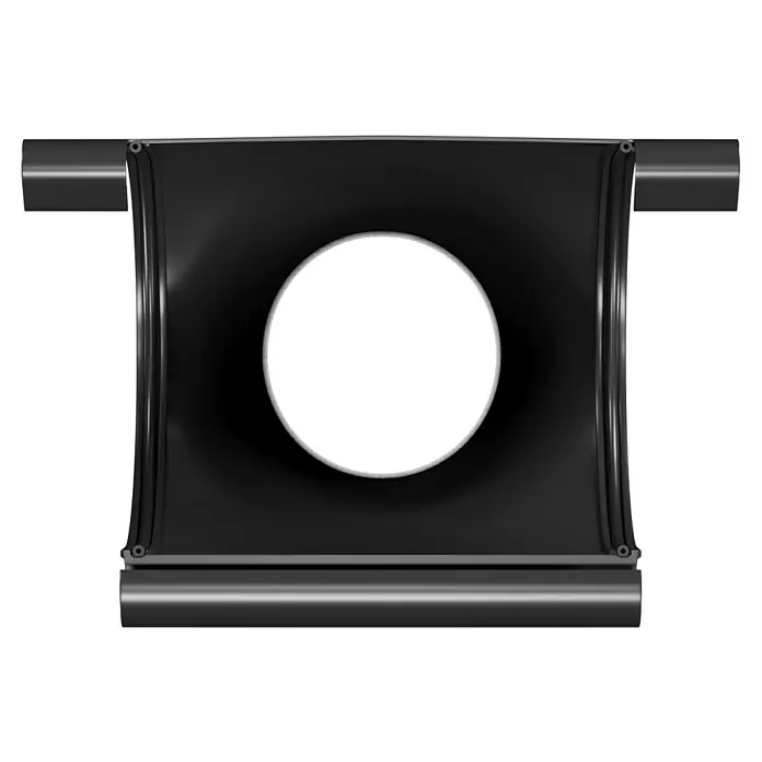 Marley Rinnenstutzen - 75/53 mm, Kunststoff, Anthrazit-Metallic - Ein digitales, rechteckiges Banner in Schwarz mit einem auffälligen, hellgrauen Kreis in der Mitte und Rollen oben und unten.