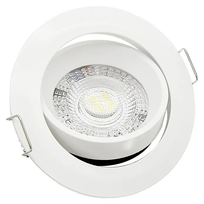Alverlamp Foco empotrable Orientable - 7 W, Ø x Al: 8,2 x 3 cm, Blanco, Blanco frío - Primer plano de un foco empotrable LED blanco con clips metálicos plateados para el montaje.