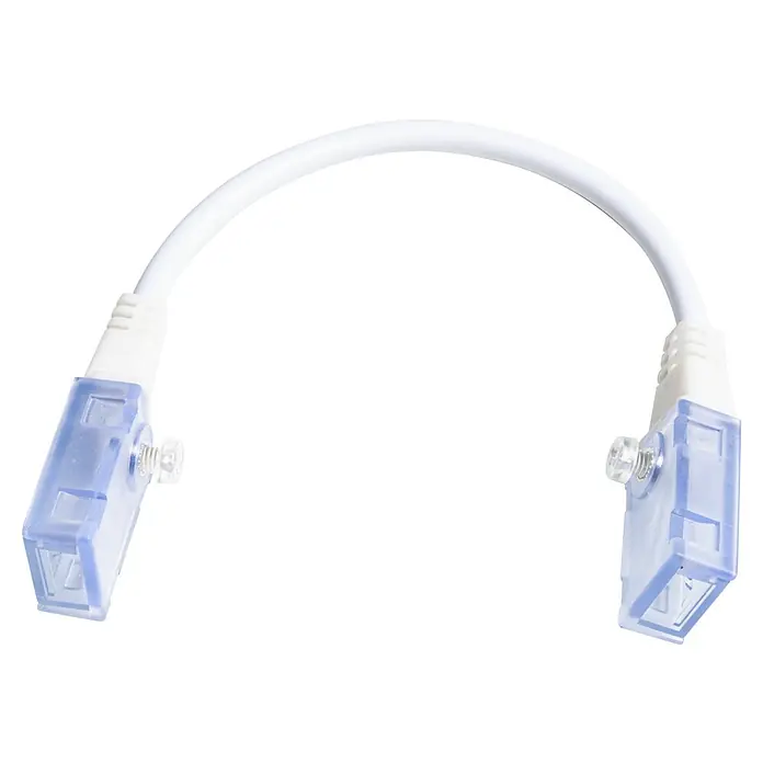 Alverlamp Cable de conexión Neon - Largo: 2,3 cm - Primer plano de un conector de tira LED blanco con abrazaderas transparentes y tornillos sobre un fondo negro.
