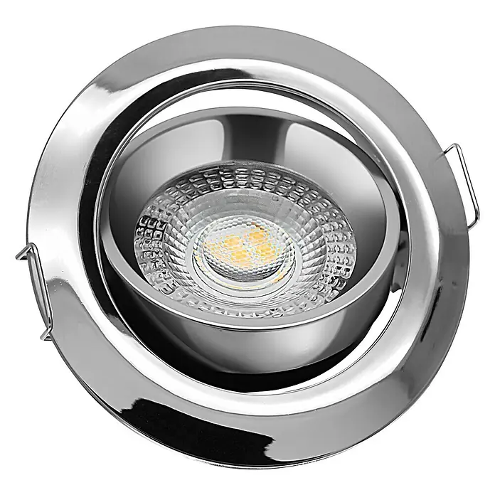 Alverlamp Foco empotrable Orientable - 7 W, Ø x Al: 8,2 x 3 cm, Cromado, Blanco neutro - Primer plano de un foco LED empotrable redondo y pulido con reflector plateado y clips de montaje sobre un fondo negro.