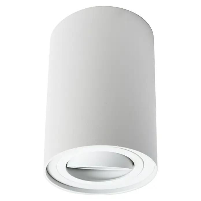 Alverlamp Foco de pared de superficie basculante - Blanco, GU10, Ø x Al: 9,6 x 12,6 cm - Primer plano de una elegante lámpara de techo blanca, que muestra un diseño moderno y minimalista para espacios interiores.