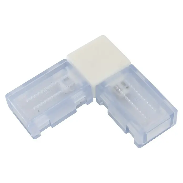 Alverlamp Conector en L Neon - An x L: 5,85 x 5,85 cm, Transparente - Primer plano de un conector de esquina transparente para tiras LED con tapa blanca, diseñado para conexiones de 90 grados.