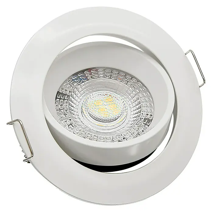 Alverlamp Foco empotrable Orientable - 7 W, Ø x Al: 8,2 x 3 cm, Blanco, Blanco cálido - Primer plano de un foco empotrable LED blanco con haz ajustable y clips de montaje plateados.