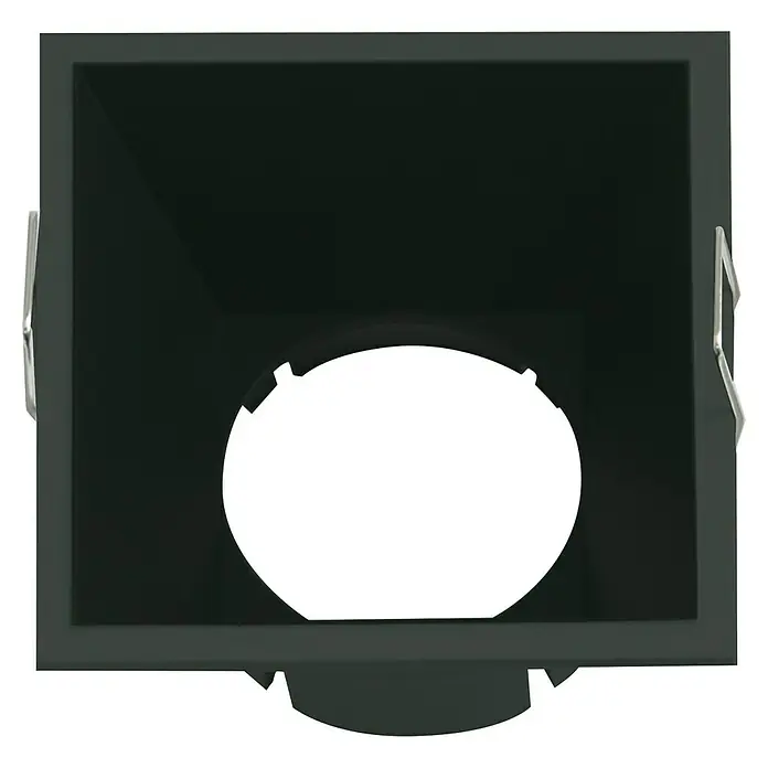 Alverlamp Foco empotrable Soporte Aro - L x An x Al: 8,2 x 8,2 x 3,55 cm, Negro - Vista del producto de una carcasa de luminaria cuadrada negra con abertura redonda. Ideal para luces de techo empotradas.