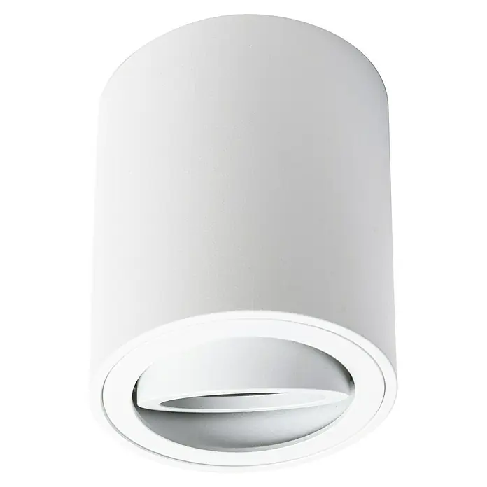 Alverlamp Foco de pared de superficie basculante - Blanco, GU10, Ø x Al: 8 x 8,5 cm - Primer plano de una lámpara de techo cilíndrica blanca que muestra un diseño moderno y minimalista.\n