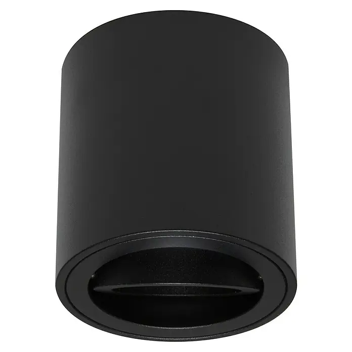 Alverlamp Foco de pared de superficie basculante - Negro, GU10, Ø x Al: 8 x 8,5 cm - Primer plano de una lámpara de techo cilíndrica negra con un diseño minimalista e iluminación integrada para interiores modernos.