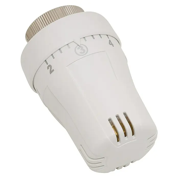 Admiral Thermostatkopf - Weiß, M 30, 1,5 mm - Nahaufnahme eines weißen Heizkörperthermostats mit Zahlen von 2 bis 4.