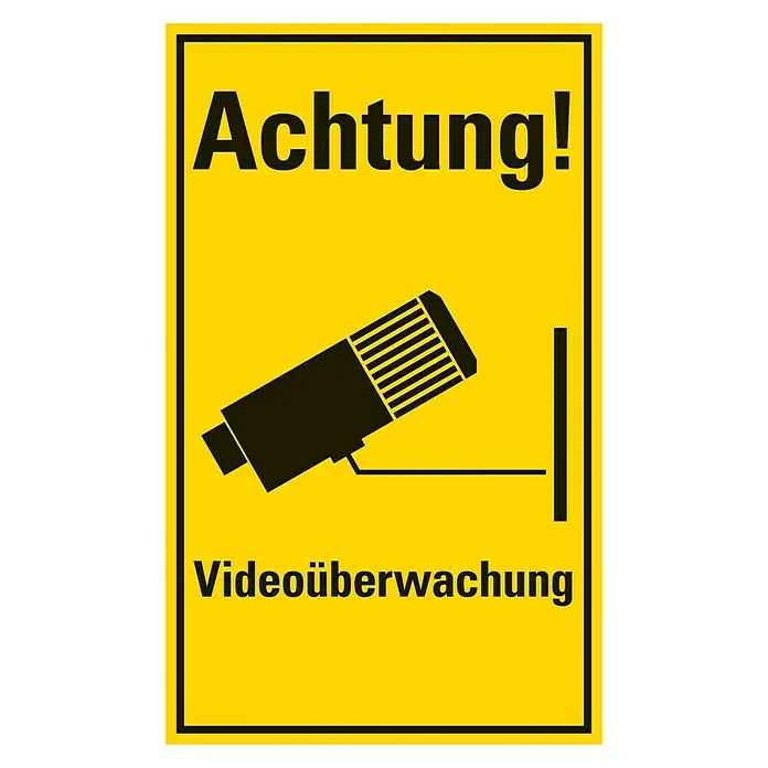 Pickup Hinweisschild - L x B: 33 x 20 cm, Videokamera - Achtung! Videoüberwachung. Das gelbe Schild warnt vor Videoüberwachung mit einer schwarzen Kamera und dem Text Achtung! Videoüberwachung.