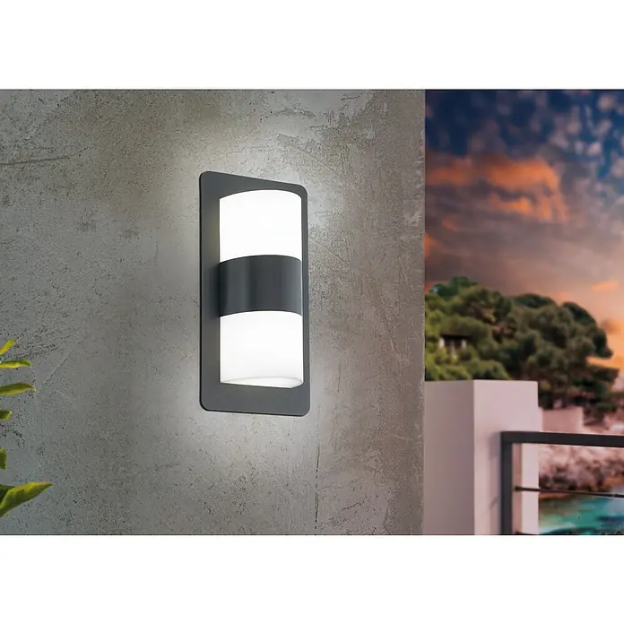 Eglo Außenwandleuchte CISTIERNA - 20 W, Anthrazit, IP44 - Moderne Wandleuchte mit einem Rahmen in Grau und einem Lampenschirm, der in zwei weiße Bereiche unterteilt ist. Sie strahlt ein angenehmes Licht aus.