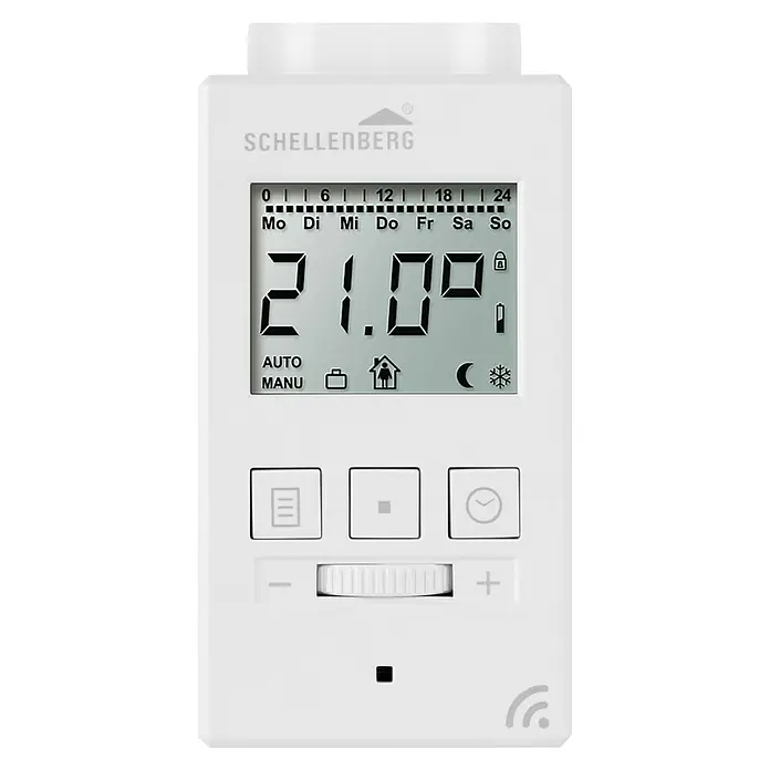 Schellenberg Raumthermostat - Weiß, L x B x H: 65 x 50 x 88 mm - Nahaufnahme eines Schellenberg Heizkörperthermostats mit digitaler Anzeige und Bedienelementen.