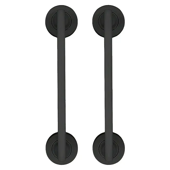 GDK Manillón AP-2688 - Largo: 20 cm, Negro, Recto - Dos elegantes manijas de puerta negras mate con rosetas redondas, ideales para interiores modernos. Construcción robusta con diseño elegante.