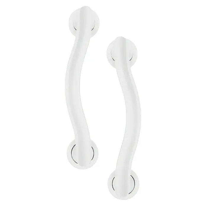 GDK Manillón AP2502 - Largo: 20 cm, Blanco, Otros - Dos tiradores de armario blancos y curvos sobre un fondo negro, mostrando un diseño elegante y moderno.