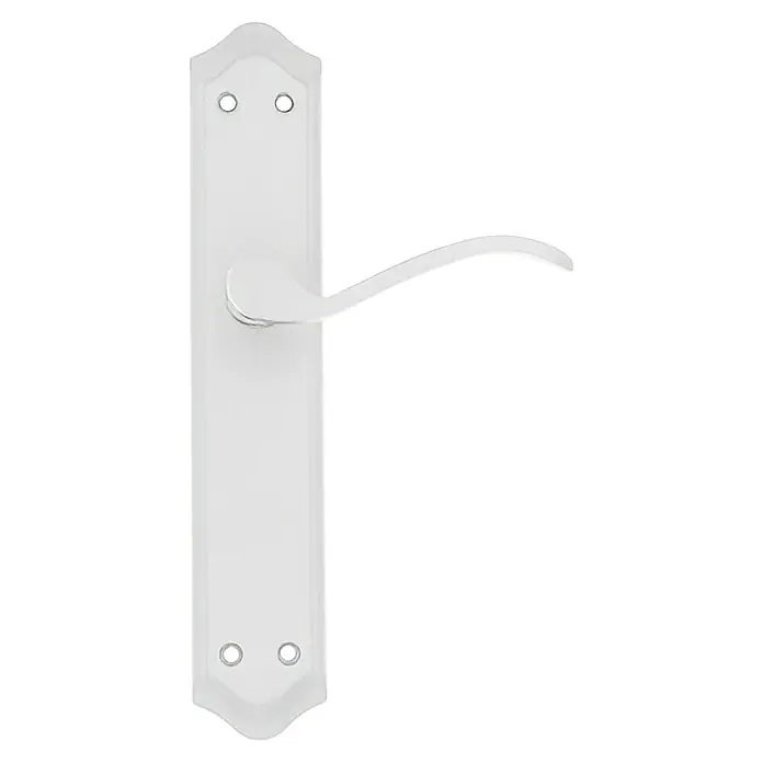 GDK Conjunto de picaporte N20101044 - Blanco, Apto para: Puertas de madera - Primer plano de una manija de puerta blanca con una placa larga, que contrasta elegantemente sobre un fondo negro.