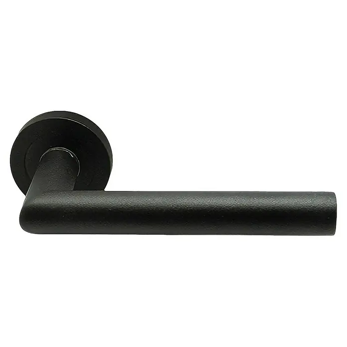 GDK Conjunto de picaporte QDT-03 - Negro, Apto para: Puertas de madera - Una moderna manija de puerta negra mate con un diseño de roseta redonda, que combina elegancia y funcionalidad. El producto es ideal para interiores elegantes.