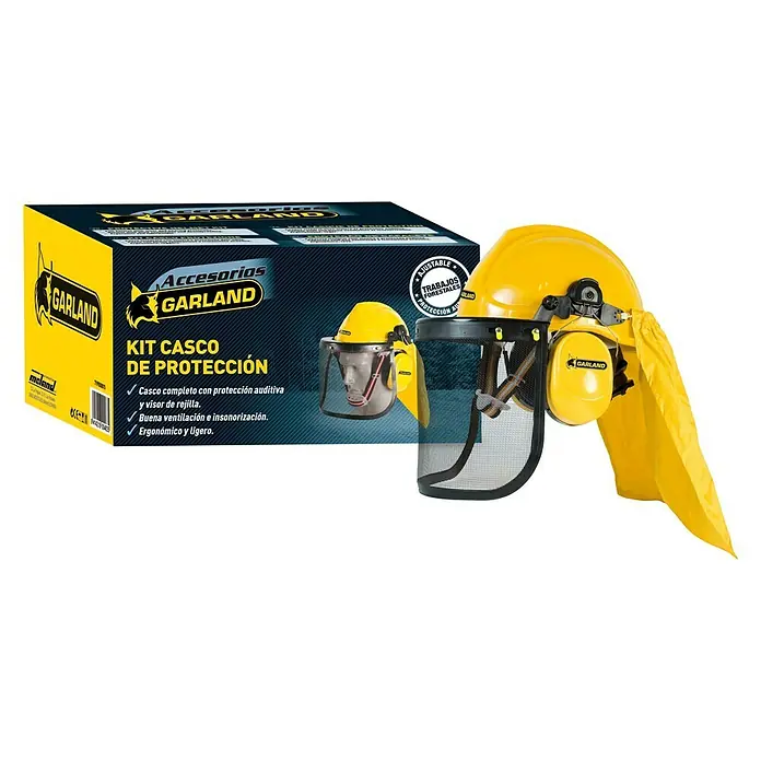 Garland Pantalla protectora auditiva - Plástico - En la imagen se muestra un casco de seguridad amarillo "Garland" con visera y protección auditiva, ideal para trabajos forestales, junto con el embalaje del producto.