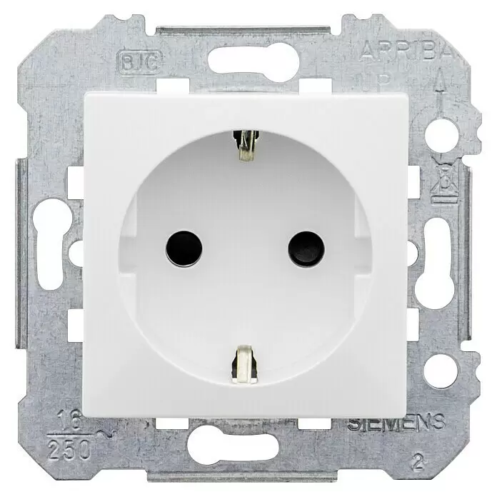 Siemens DELTA Viva Steckdose SIE039673 - Polar Weiß, Glänzend, Kunststoff, Unterputzmontage - Weiße Schuko-Steckdose mit Schutzkontakt in einem Metall-Montagerahmen.