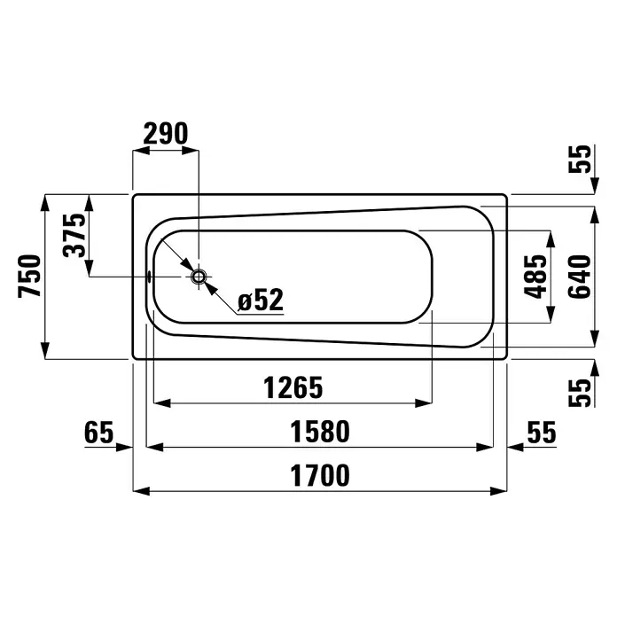 Sanicomfort Badewanne - 170 x 75 cm, Stahl-Email, Weiß - Technische Zeichnung einer Badewanne mit Maßen, die die Abmessungen und Details des Produkts zeigt.