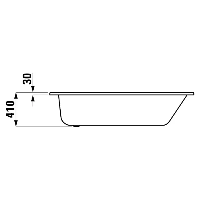 Sanicomfort Badewanne - 170 x 75 cm, Stahl-Email, Weiß - Seitenansicht einer Badewanne mit Maßangaben für Höhe (410) und Tiefe (30) des Randes. Klare Linien und minimalistisches Design.