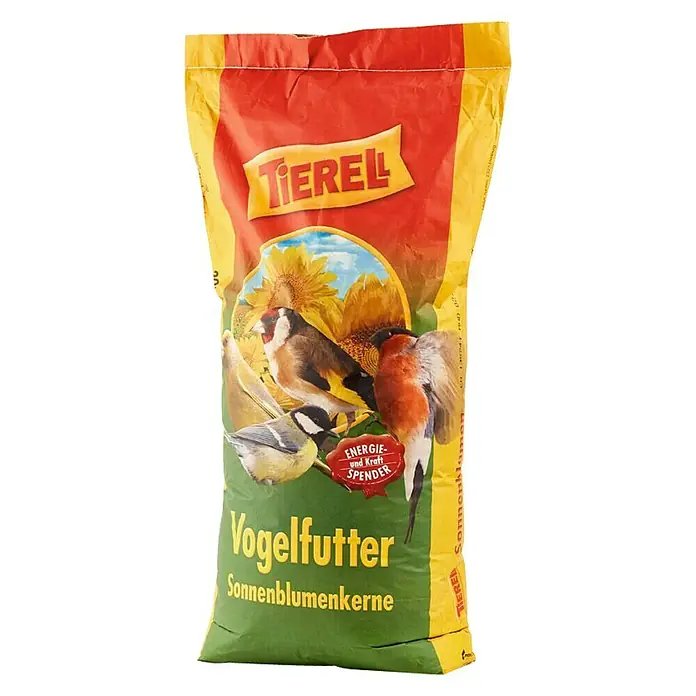 Tierell Wildvogelfutter Sonnenblumenkerne - 10 kg - Ein Sack Tierel Vogelfutter Sonnenblumenkerne, ideal zur Fütterung von Wildvögeln im Garten oder auf dem Balkon, mit nahrhaften Sonnenblumenkernen.