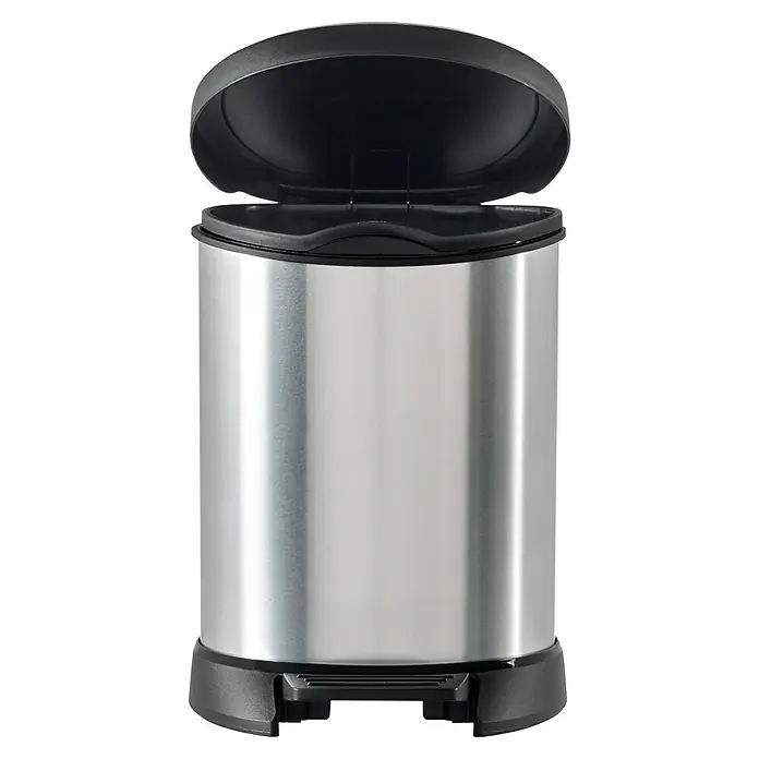 Cubo con pedal IML Metalizado - 5 l, Plateado/Negro - Un cubo de basura plateado con pedal y tapa abierta, ideal para cocina o baño. Diseño elegante y uso práctico.