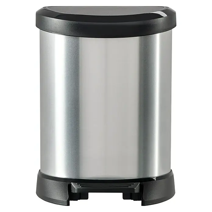 Cubo con pedal IML Metalizado - 5 l, Plateado/Negro - Cubo de basura cilíndrico plateado con tapa y base negras para una eliminación higiénica de residuos en el hogar.