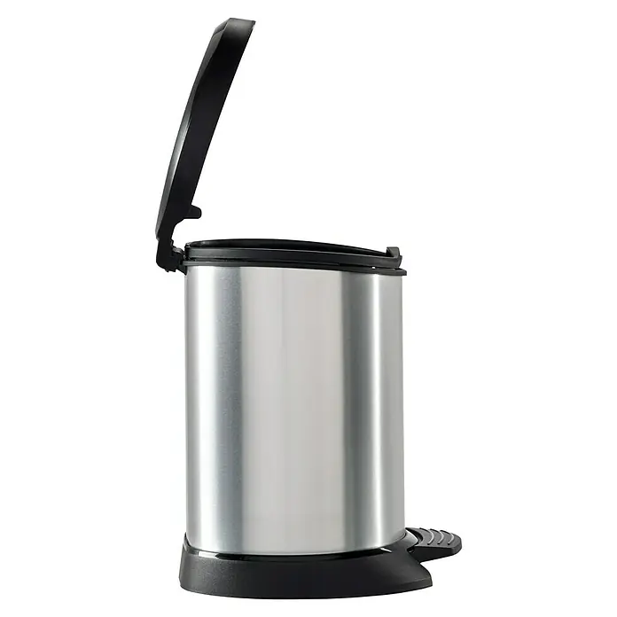 Cubo con pedal IML Metalizado - 5 l, Plateado/Negro - Un cubo de basura de acero inoxidable con pedal negro, ideal para baños o cocinas.