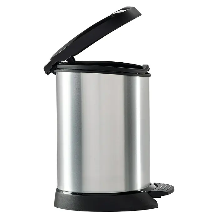 Cubo con pedal IML Metalizado - 5 l, Plateado/Negro - Cubo de basura metálico con pedal y tapa abierta sobre una base negra. Es elegante y funcional para cualquier baño o cocina.