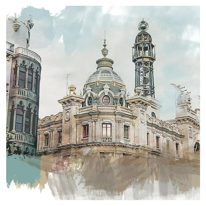 Cuadro pintado a mano Cúpula Correos Valencia - Ciudad, An x Al: 95 x 55 cm - Pintura acuarela del histórico edificio de correos de Valencia, España, con una cúpula distintiva y una torre de filigrana, destacando detalles arquitectónicos.