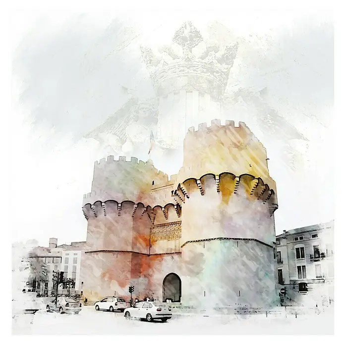 Cuadro pintado a mano Torre Serrans Valencia - Torre Serrans Valencia, An x Al: 40 x 40 cm - Representación en acuarela de las Torres de Serranos en Valencia, con una destacada superposición de corona, que enfatiza la arquitectura histórica.