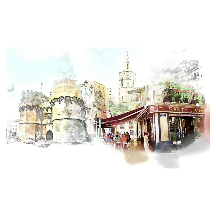 Cuadro pintado a mano Ciudad Valencia - Ciudad Valencia, An x Al: 135 x 80 cm - Representación en acuarela de Valencia, España, con las Torres de Serranos, el campanario de Santa Catalina y el Sant Jaume Bar para una vista pintoresca.