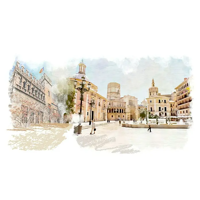 Cuadro pintado a mano Plaza Virgen Lonja Valencia - Plaza Virgen Lonja, An x Al: 135 x 80 cm - Una hermosa pintura a la acuarela de la bulliciosa plaza de la ciudad en Valencia, España, que muestra monumentos arquitectónicos y calles concurridas.