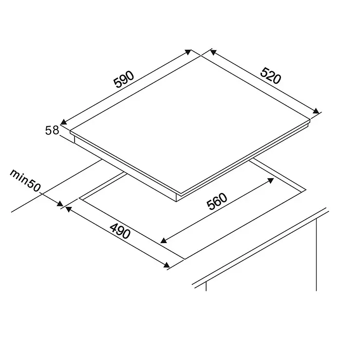 Respekta Kochfeld Alois - Anzahl Induktionskochstellen: 4 Stk. - Produktabbildung: Schematische Zeichnung eines Kochfelds mit Maßangaben für Einbau und Geräteabmessungen.